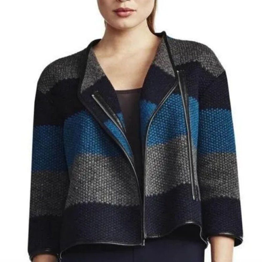 Bailey 44 Asymmetrical Zip Wool Striped Textured Moto Blazer Jacket Womens Size